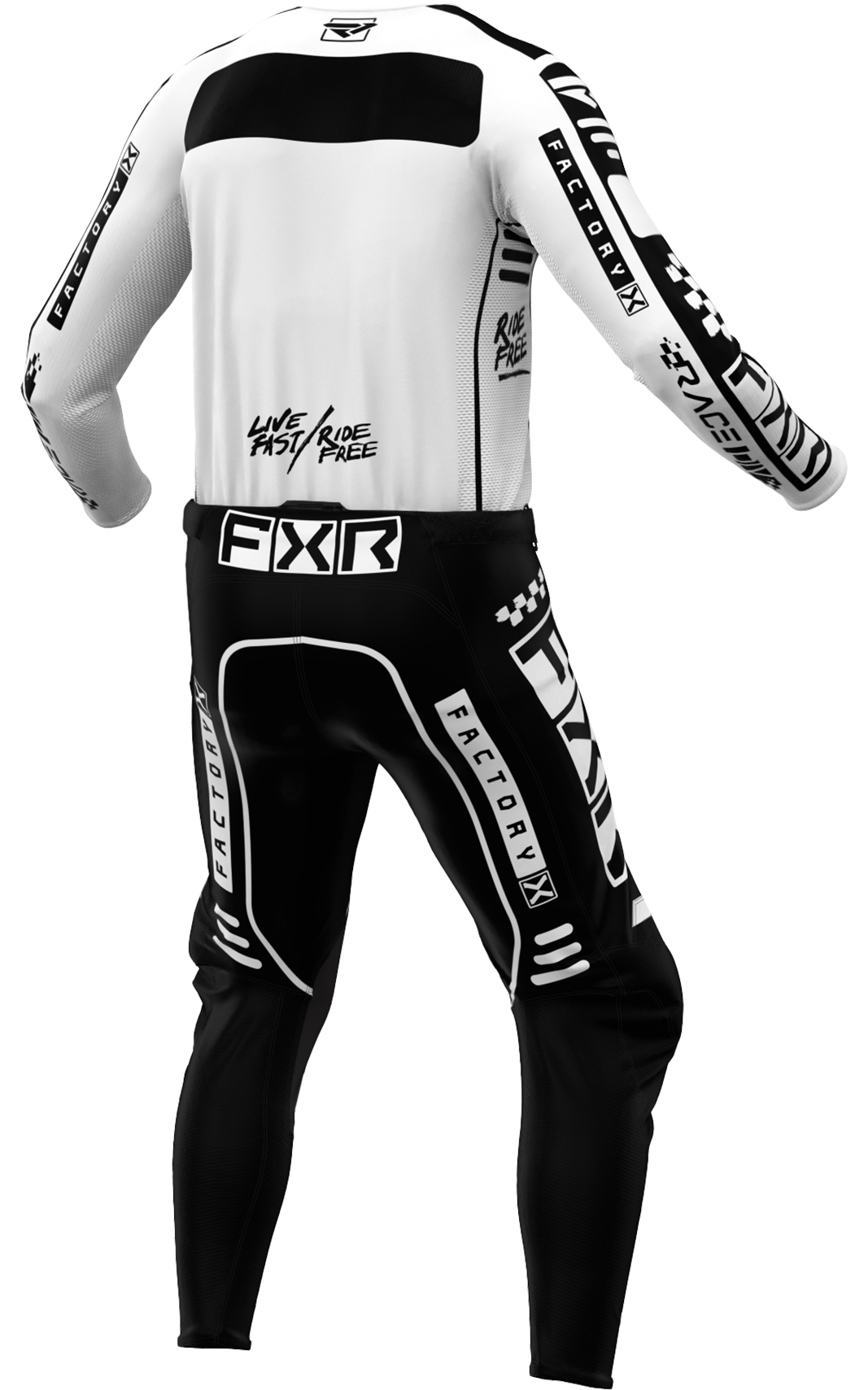 A 3D image of FXR's Ungdom Podium Gladiator MX Jersey and Pant in White/Blackc olorway