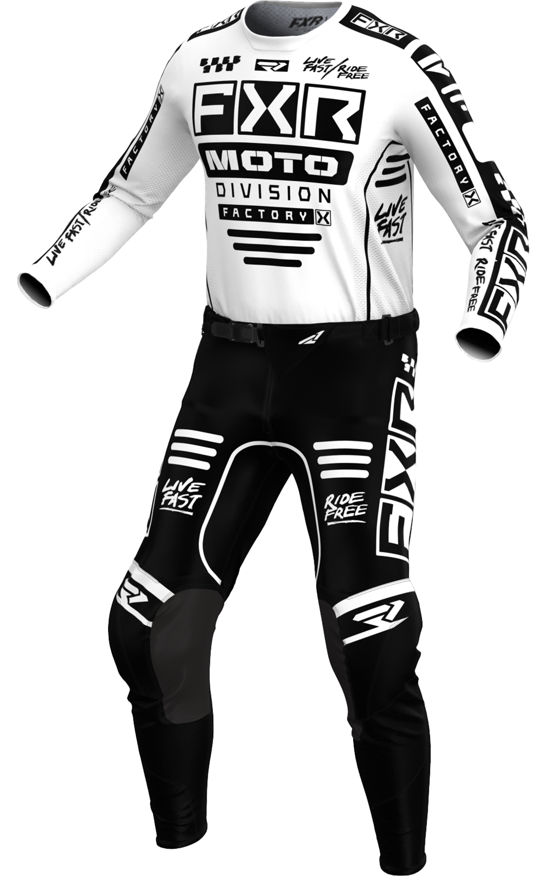 A 3D image of FXR's Ungdom Podium Gladiator MX Jersey and Pant in White/Black colorway