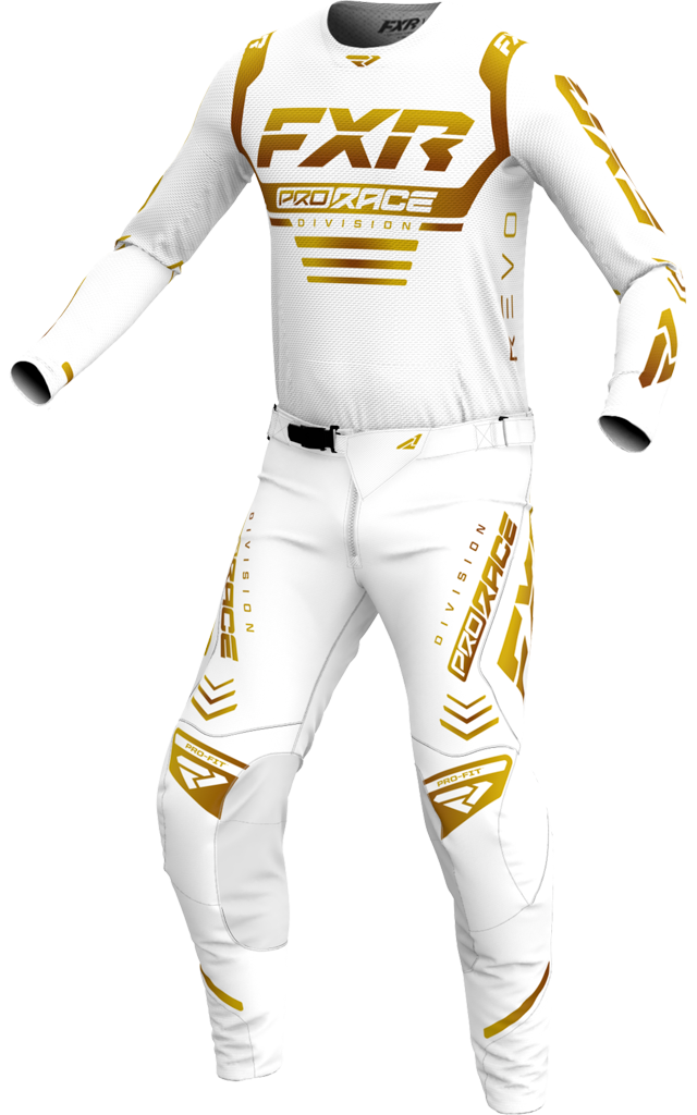A 3D image of FXR's Revo MX Jersey and Pant in White Gold colorway