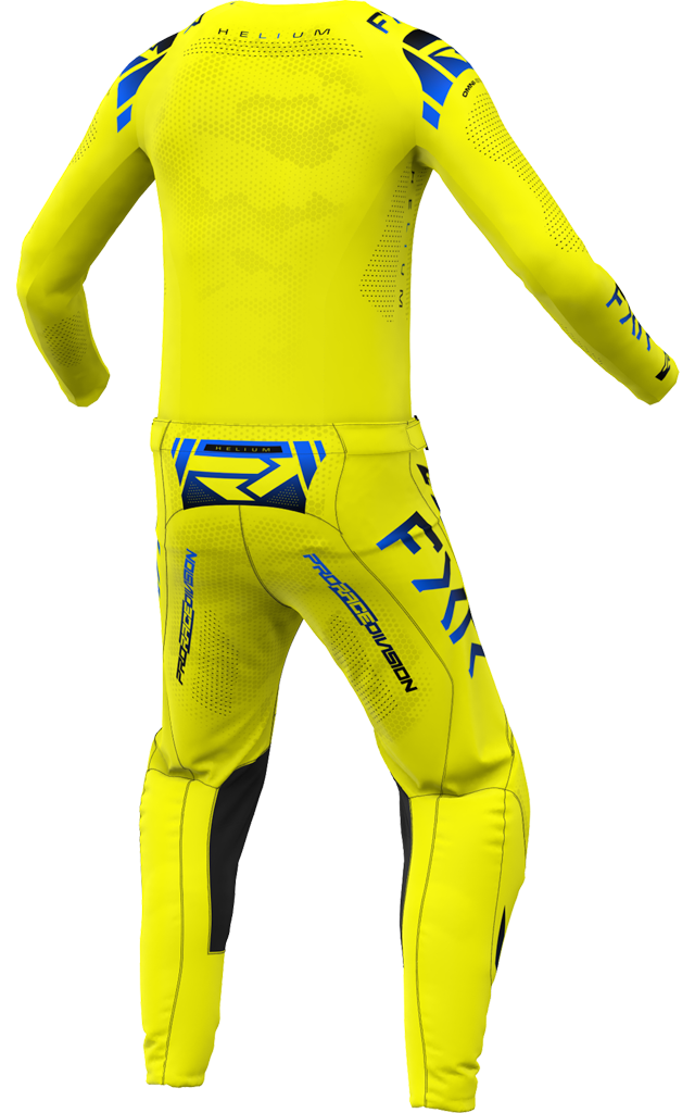 A 3D image of FXR's 25 Helium MX Jersey and Pant in citron colorway