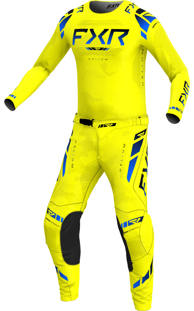 A 3D image of FXR's 25 Helium MX Jersey and Pant in citron colorway