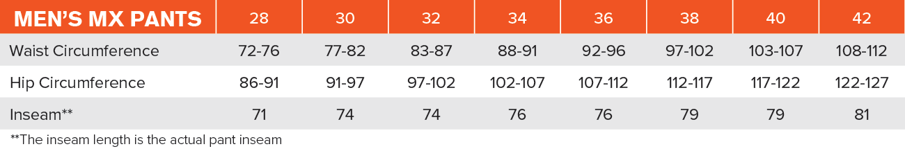 Fxr Pant Size Chart