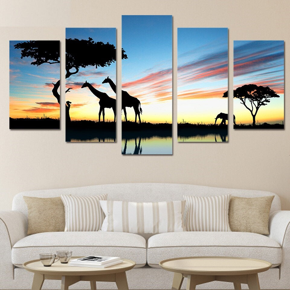 African Animal Safari Framed Nature 5 Piece Canvas Wall Art Picture ...