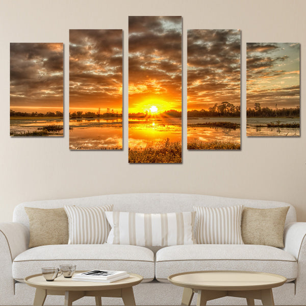 Sunrise Sunset On Water Framed 5 Piece Nature Canvas Wall Art Painting ...