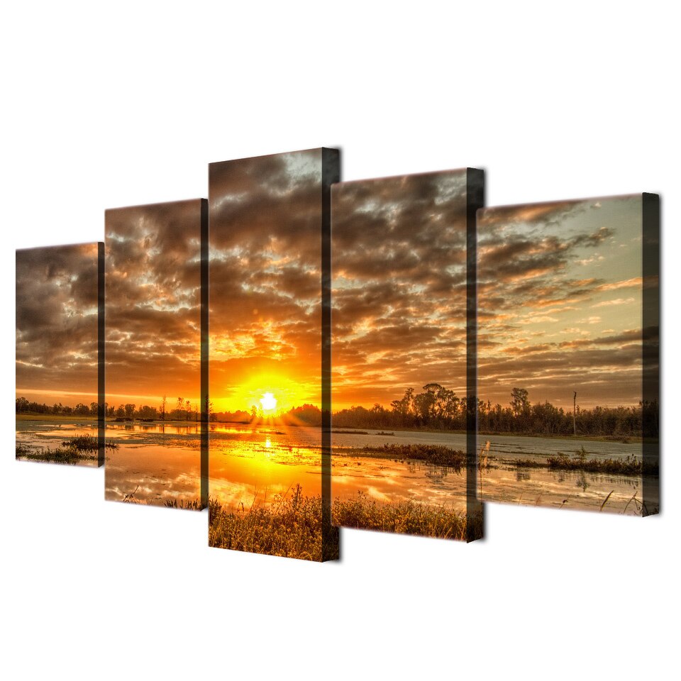 Sunrise Sunset On Water Framed 5 Piece Nature Canvas Wall Art Painting ...