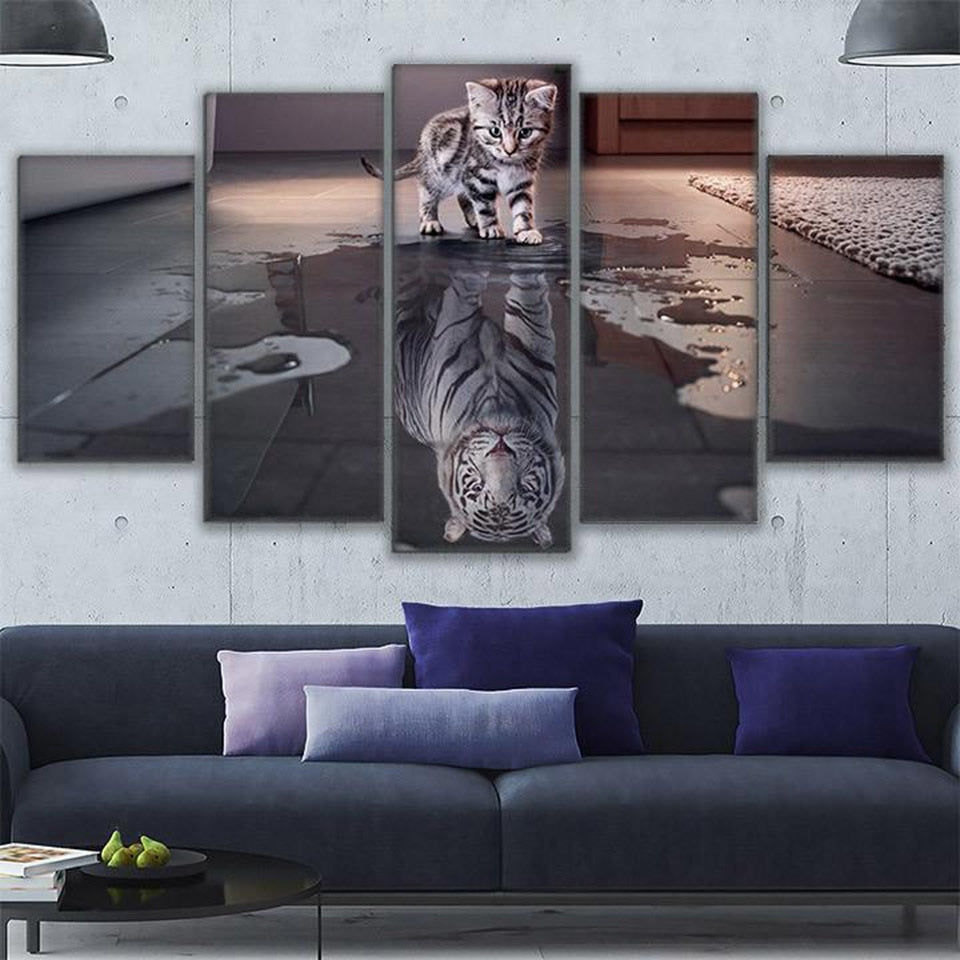 Kitten Cat Tiger Reflection On Water Framed 5 Piece Panel Canvas Wall