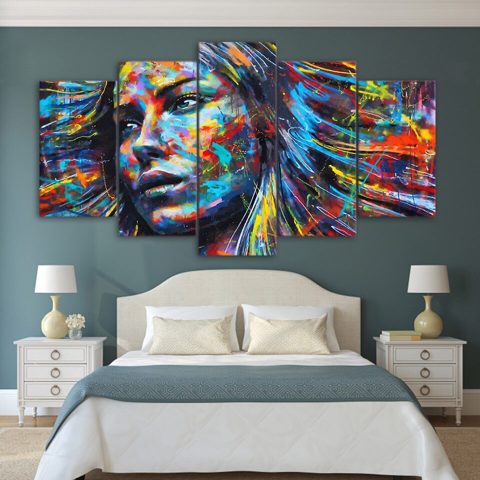 Colorful Woman Face & Hair Abstract Artwork Framed 5 Piece Canvas Wall ...