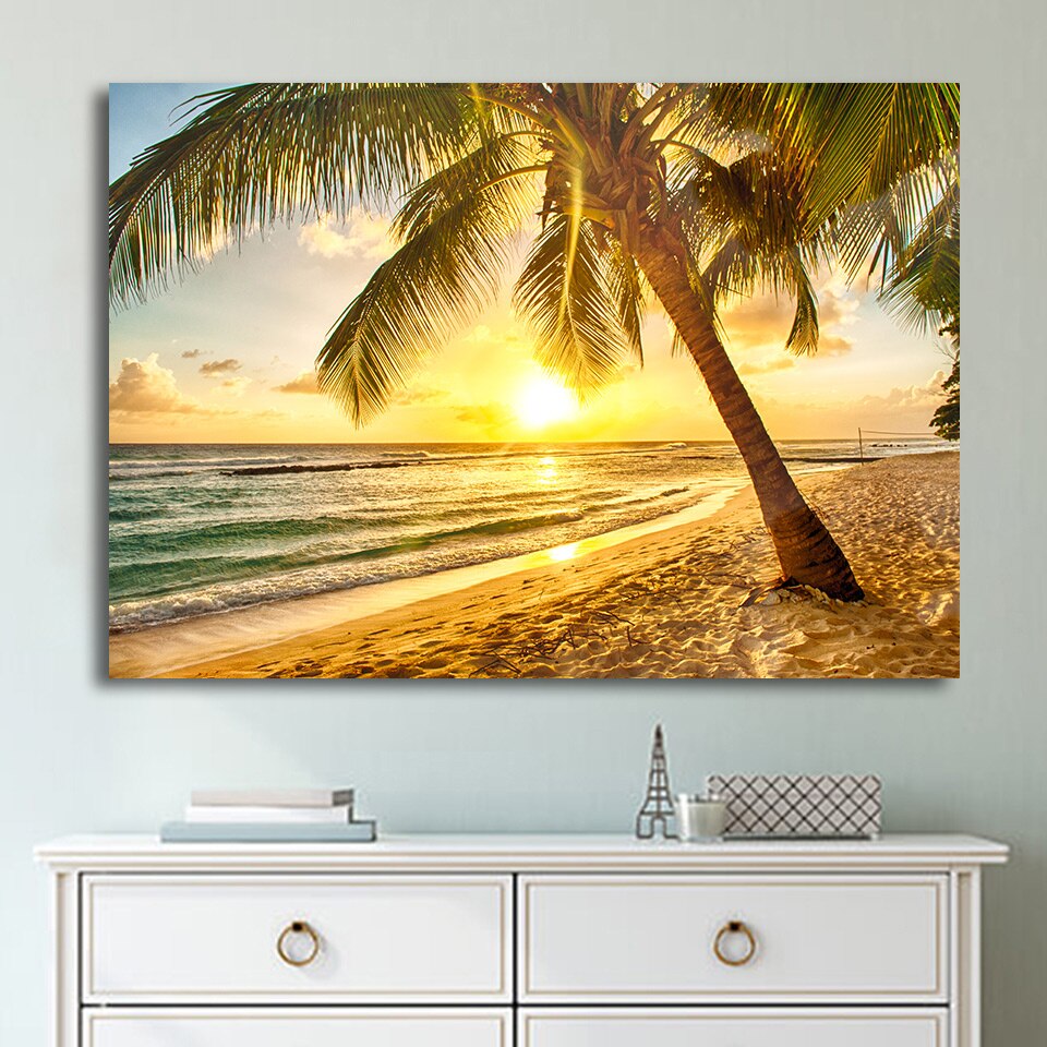 Tropical Ocean Beach Sunrise Sunset Seascape Framed 1 Panel Piece Canv