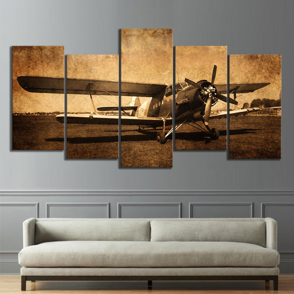 Vintage Aircraft Old Antique Airplane Framed 5 Piece Canvas Wall Art P