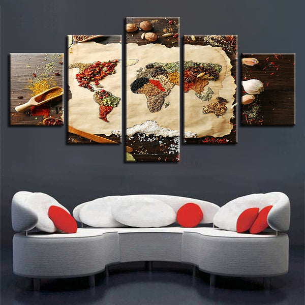 Grains Spices World Earth Globe Map Framed 5 Piece Canvas Wall Art Buy Canvas Wall Art Online Fabtastic Co