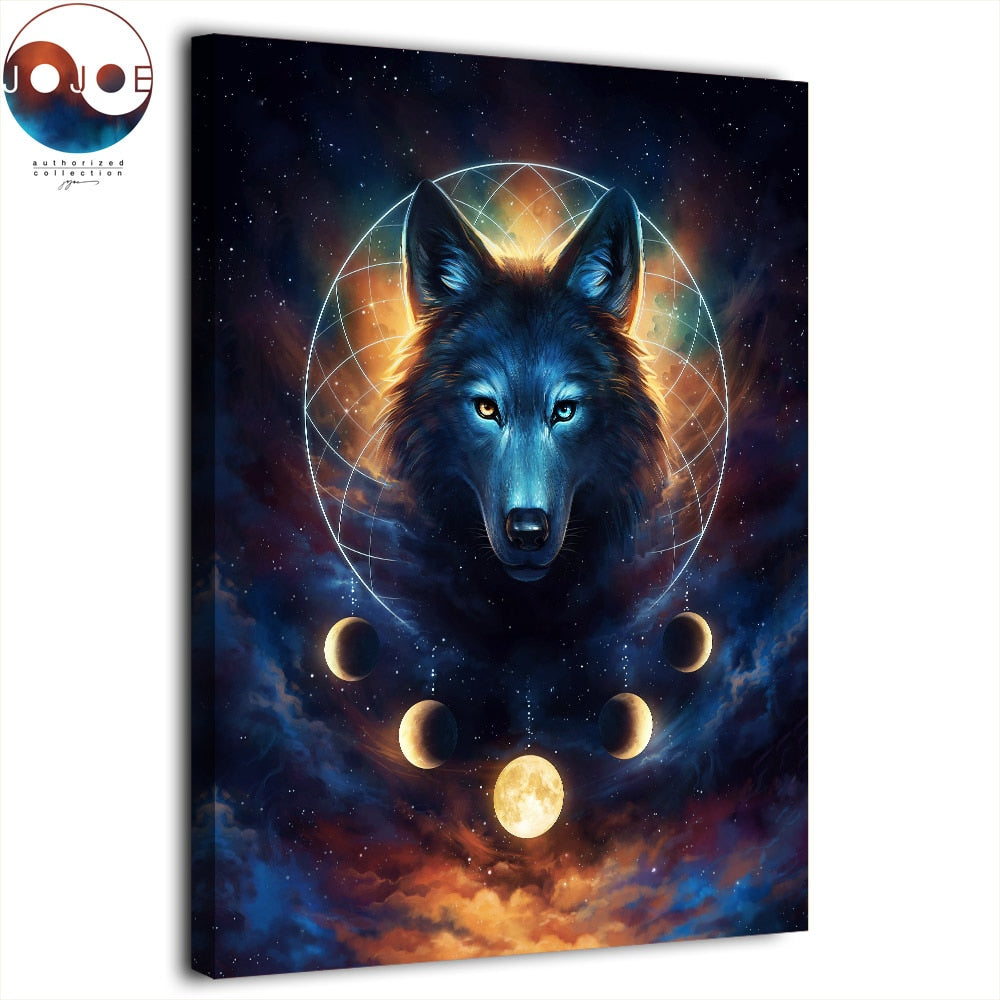 Wolf Dream Catcher Moon Phases Framed 1 Piece Canvas Wall Art Painting ...