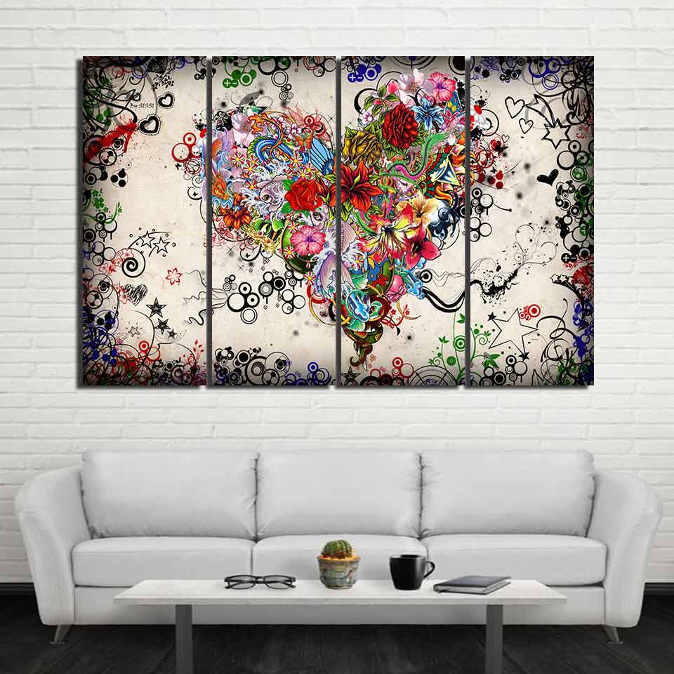 Flower Heart Love Framed 4 Piece Canvas Wall Art Painting Wallpaper Po ...