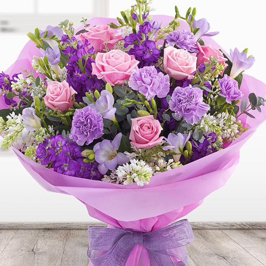 Pink Roses & Purple Lisianthus Bouquet – ronitflowers