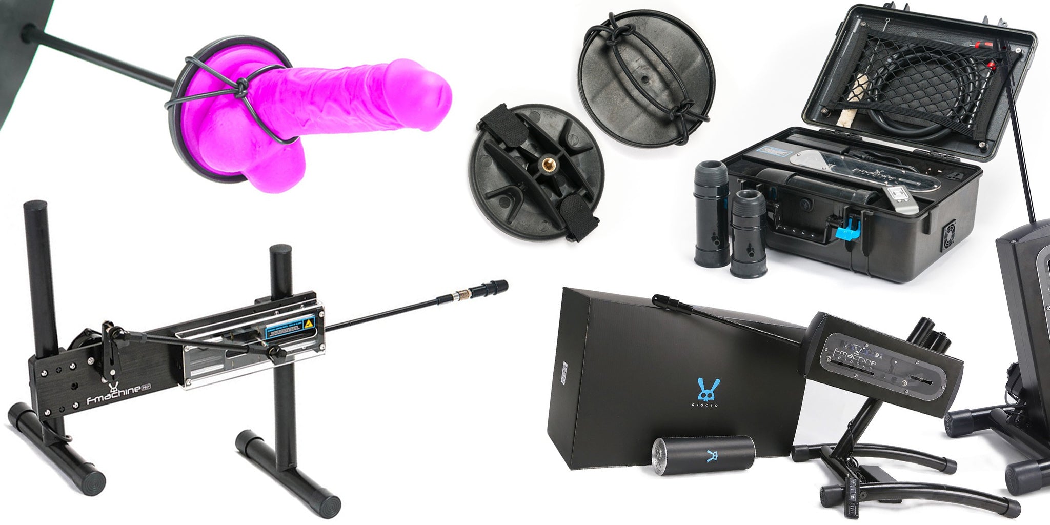 A variety of different sex machines and toys, including various F-machines and a pink dildo, are shown against a blank background.