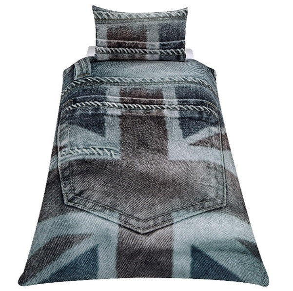 Denim Pocket Union Jack Single Duvet Pillow Case Bed Set