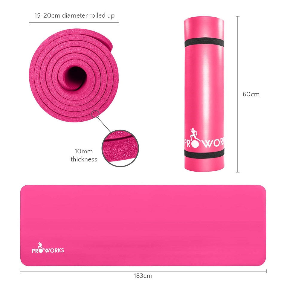 Proworks Large 10mm Thick Padded Yoga Mat With Carry Handle Pink