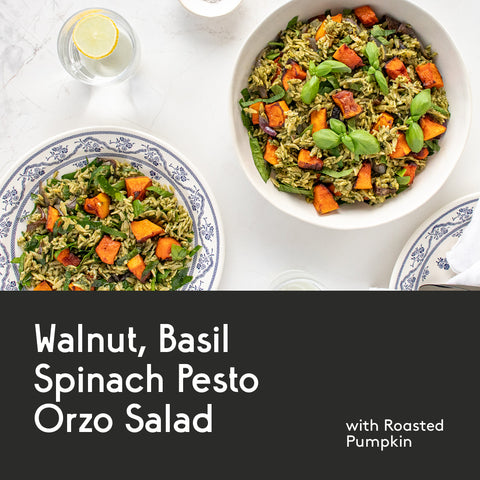 walnut, basil, spinach pesto orzo salad