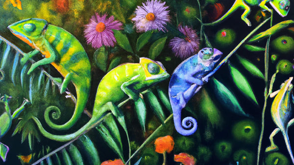 A rendering of chameleons in a colorful jungle.