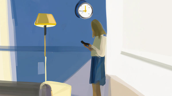 A woman on her smartphone with a clock above her as a reminder to set time boundaries for media usage.