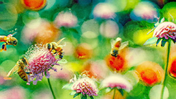 A rendering of honeybees in a colorful field of flowers.