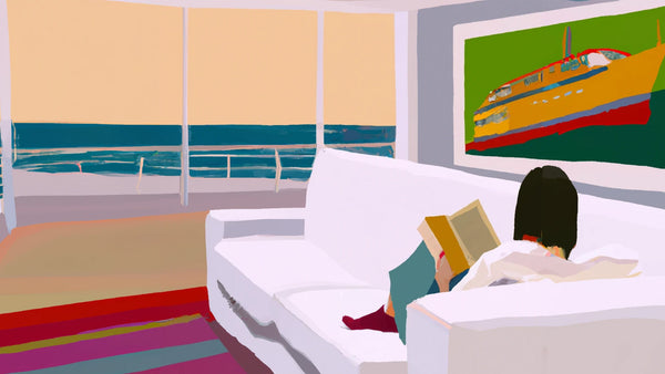 A relaxed person reading a book in a sunny room curled up on a sofa.