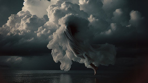 A woman floating in the sky with her head in the clouds.
