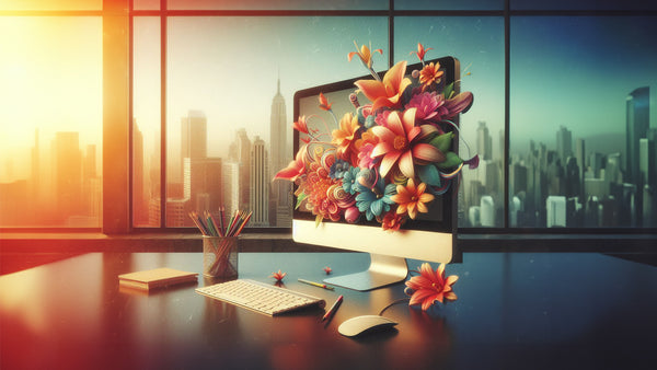 A computer on a modern desk with flowers spilling from the screen onto the desk.