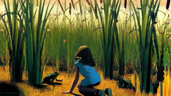 A young girl crouching amongst cattails looking at a frog.
