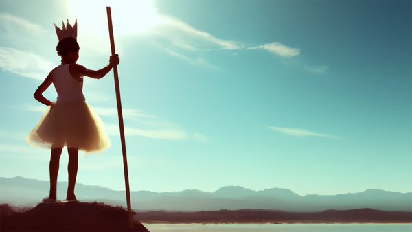 A girl in a paper crown holding a stick looking over a beautiful lake in the afternoon..