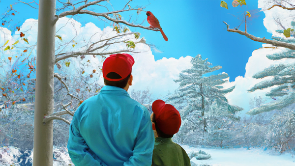 A man and a boy in a snowy forest looking up at a tree with a red cardinal bird sitting on a branch.