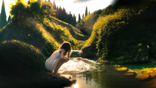 Young woman squatting by a stream rippling with sun beams in springtime