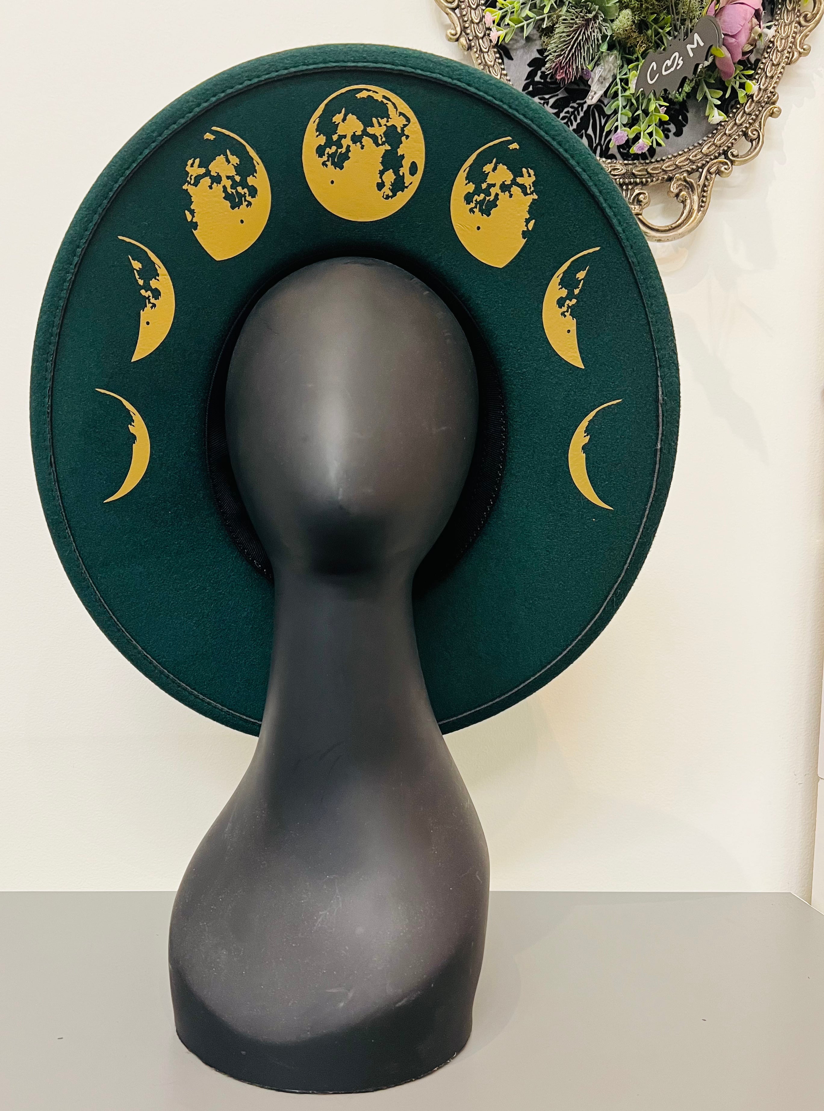 Vegan Felt Wide Brim Hat - XL Brim - Emerald - Large Moon Phase