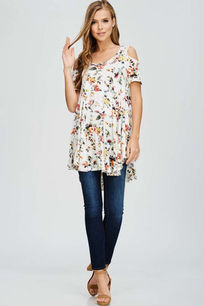 Women's White Open Shoulder Floral Swing Tunic Top | Blissfully Beautiful Boutique