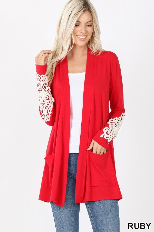 Women's Pink Open Front Cardigan Sweater With Lace Design | Blissfully ...