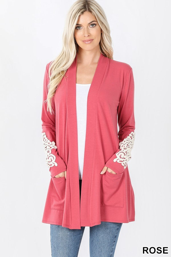 Women's Pink Open Front Cardigan Sweater With Lace Design | Blissfully ...