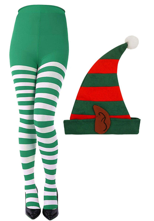 Women's, Striped, Red & Green, Red, White Tights Christmas Fancy Dress  Accessory