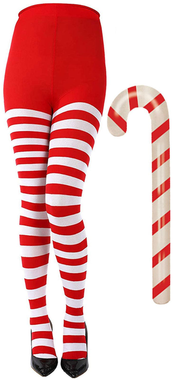 Christmas Stripy Tights Candy Cane Jingle Bell Santa Hat Red White Xmas  Fancy Dress