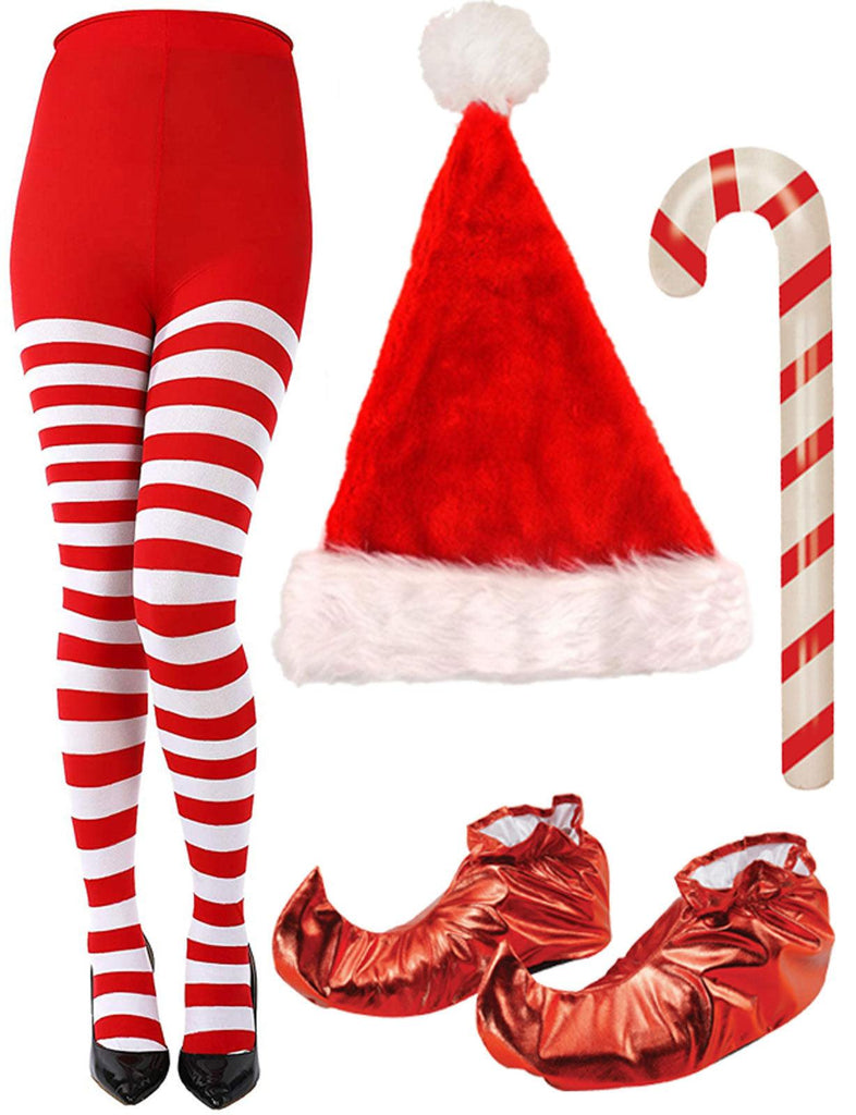 Christmas Stripy Tights Candy Cane Jingle Bell Santa Hat Red White Xmas  Fancy Dress