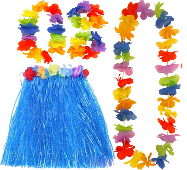 Complete Blue Hawaiian Set - Grass Skirt Flower Hula Lei Garland Dress  Costume