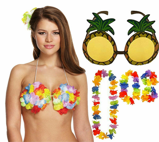 Ladies Hawaiian Party Coconut Bra & 4 Piece Hula Lei Flower Garland - Beach  Dance Fun Tropical Summer Party Hawaiian Hula Fancy Dress Set :  : Toys & Games