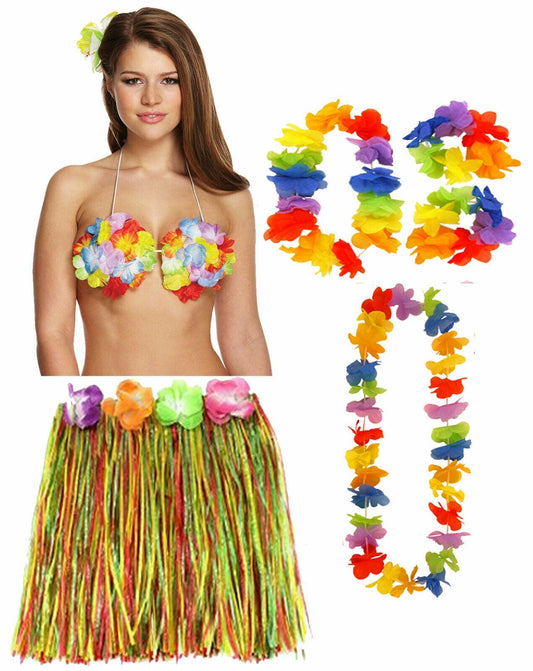 Ladies Multi Hula Skirt 40 cm 4 Pcs Lei Flower Bra Hawaiian Beach Part –  Labreeze Ltd