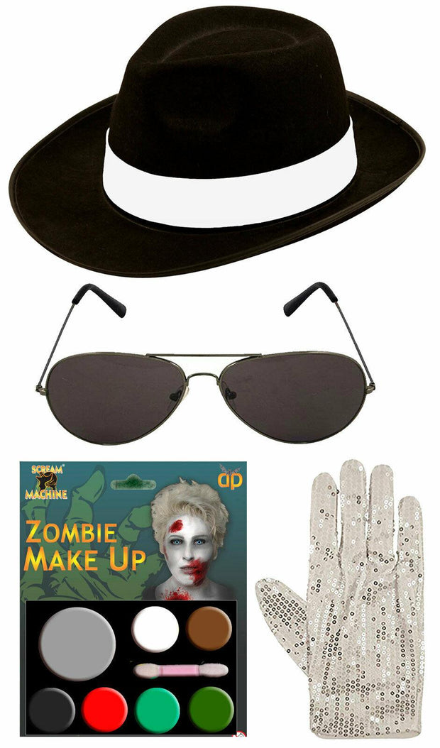 Black Costume Fedora With Michael Jackson Glitter Glove Set