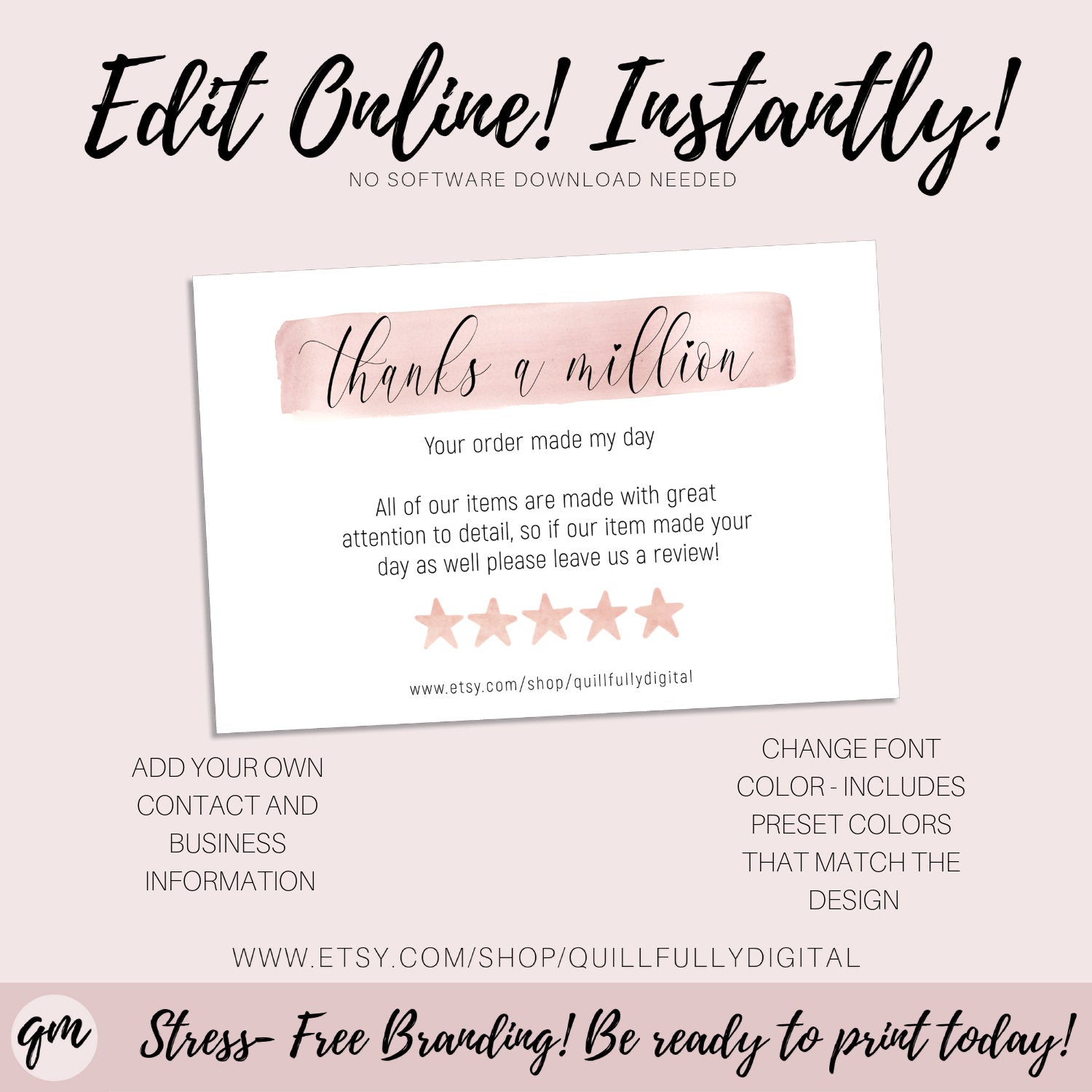Pink Watercolor Thank A Million Purchase Card Business Thank You Card - Quillfully Digital