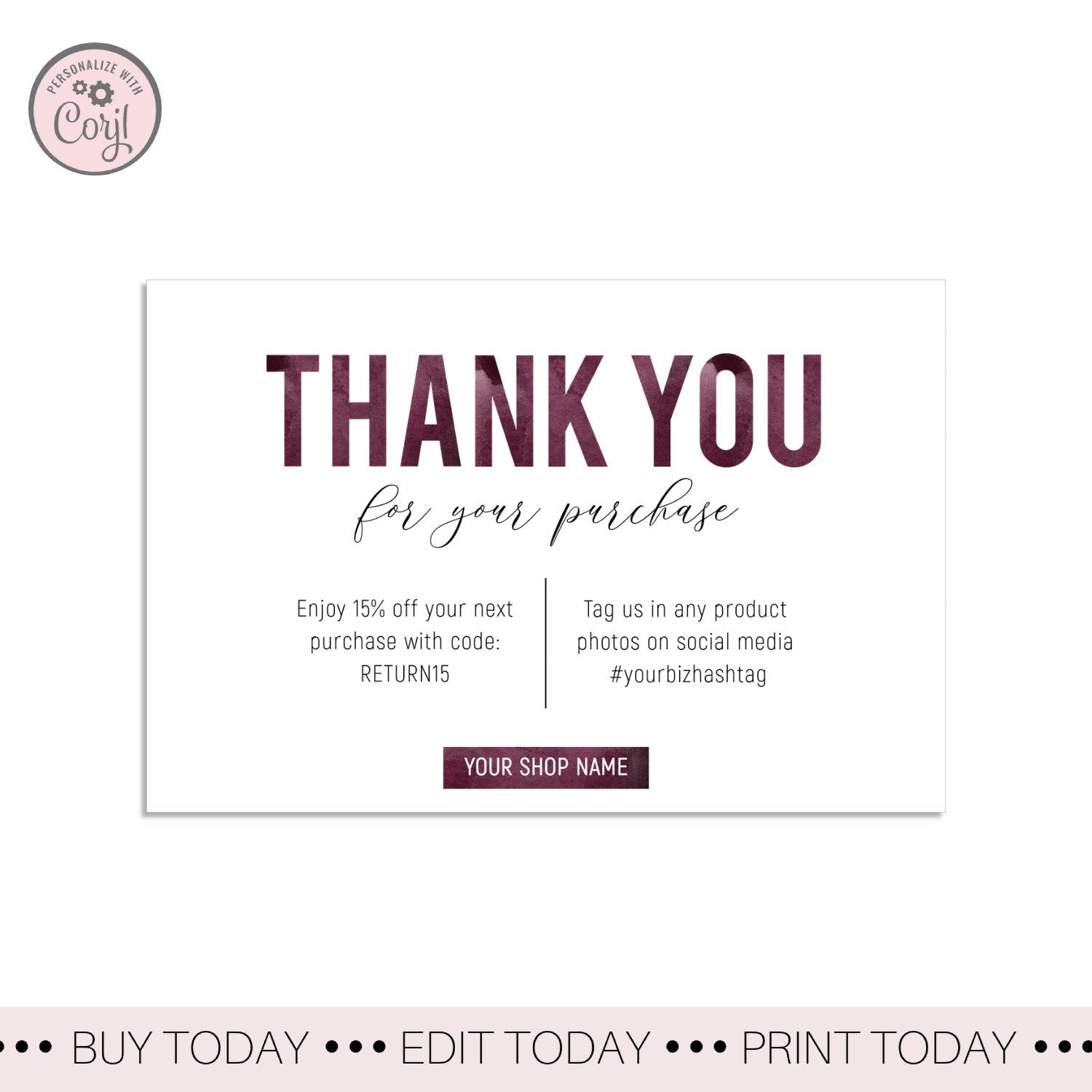 Burgundy Thank You For Your Order Cards Printable Watercolor Thank You Quillfully Digital