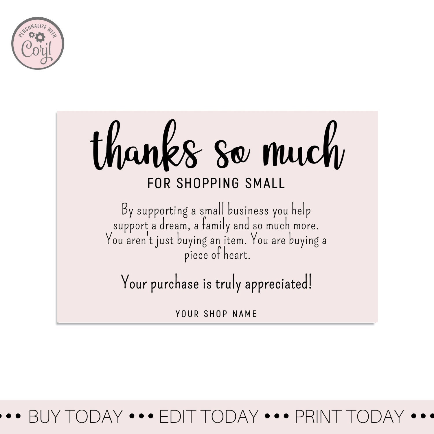 Pink Thank You For Shopping Small Card Simply Thank You For Order Pack Quillfully Digital