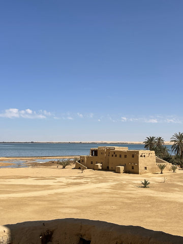 Una imagen de un desierto junto a un oasis acuático. Con un edificio y palmeras.