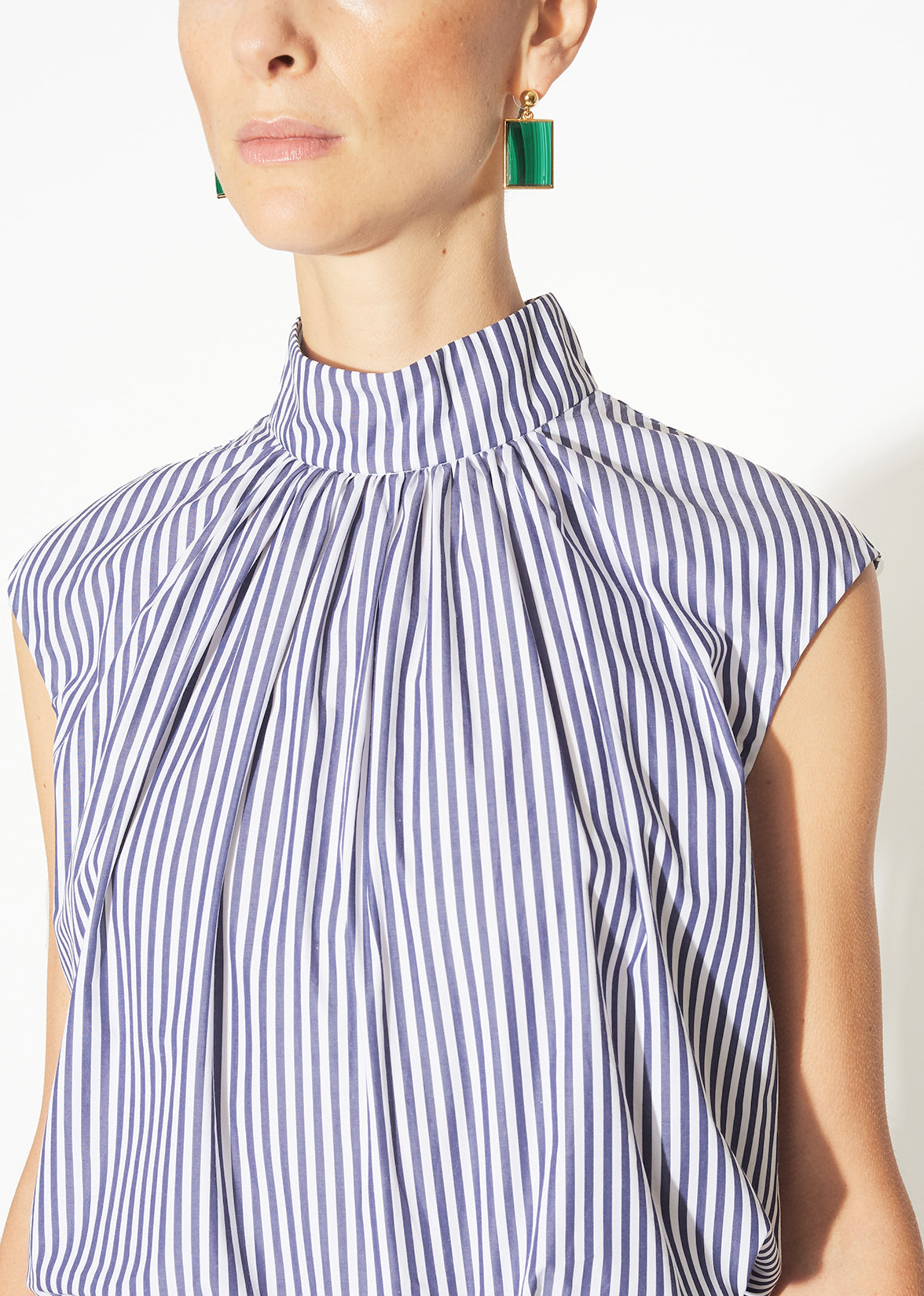 SHIRRED NECK TOP IN STRIPED SHIRTING