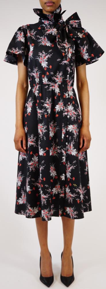 SS BOW NECK DRESS IN PRINTED POPLINTED POPLIN