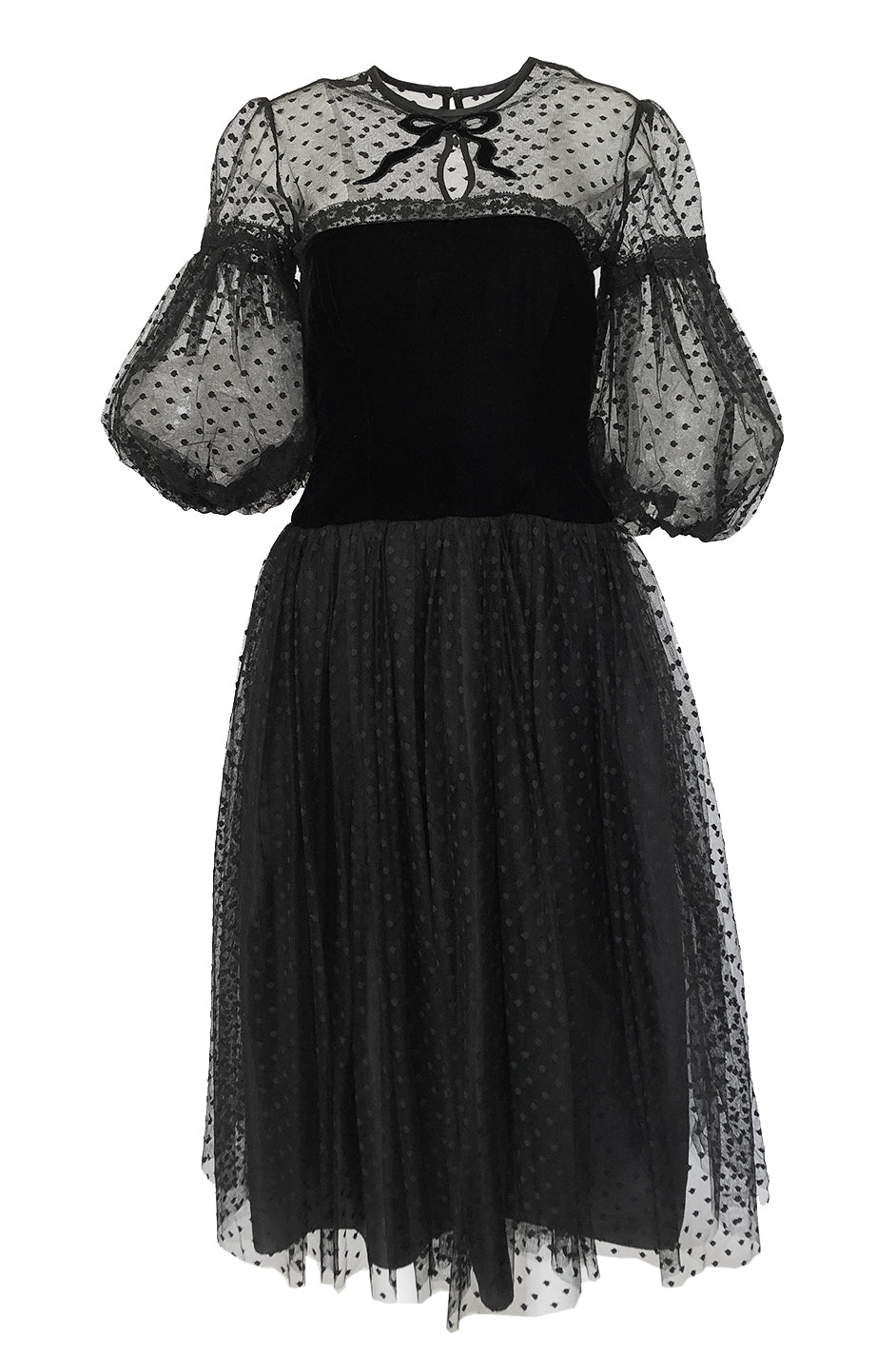 1970s Victor Costa Black Full Skirted Dotted Net & Velvet Bow Dress ...