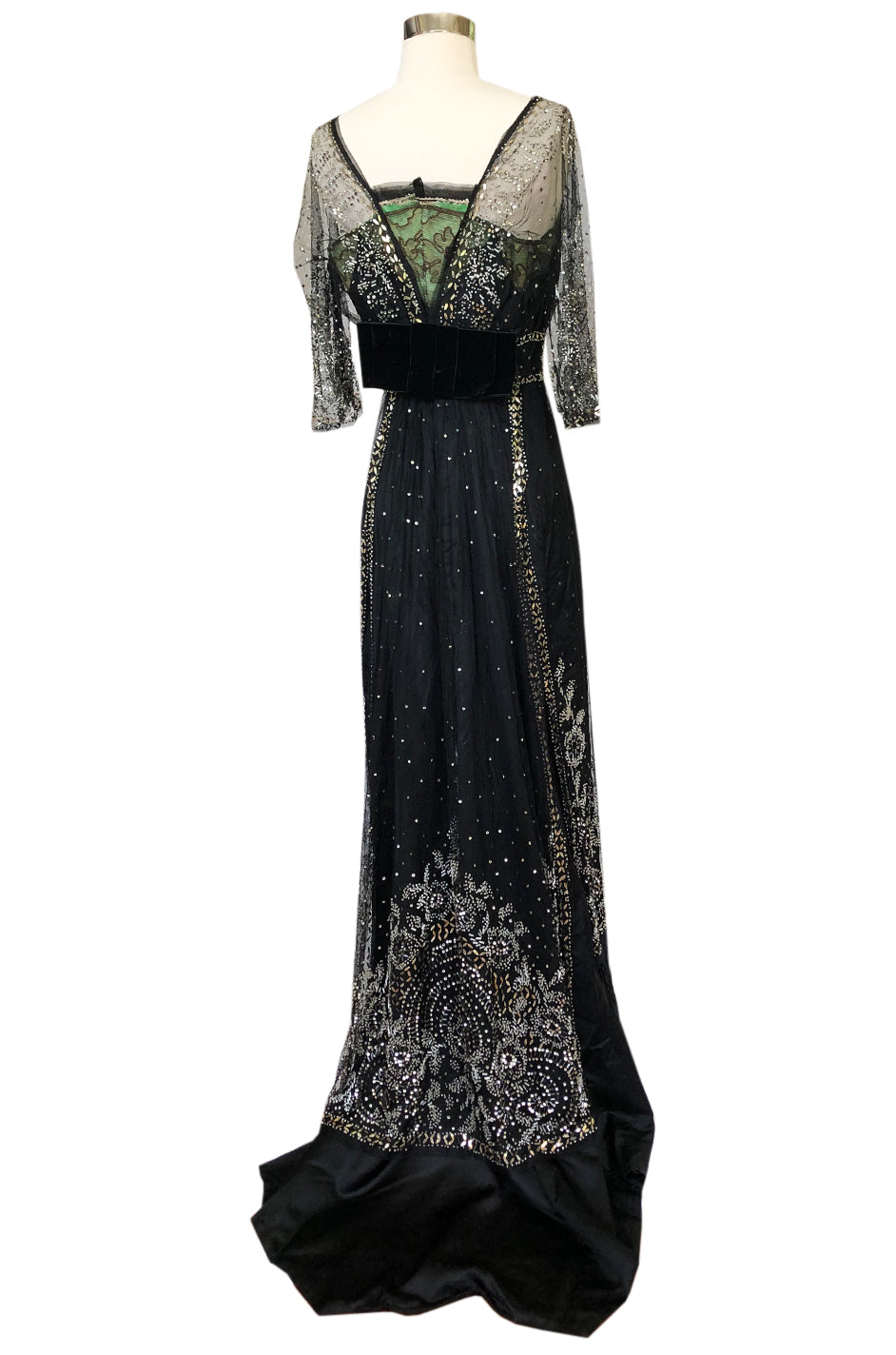 c.1910 Toutmain Paris Hand Beaded & Sequin Black Silk & Net Trained Go ...